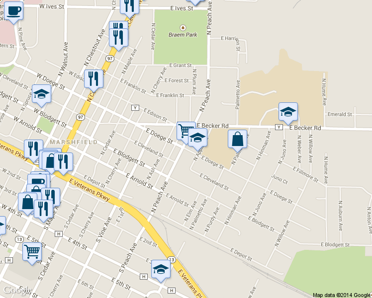 map of restaurants, bars, coffee shops, grocery stores, and more near 713 E Doege St in Marshfield