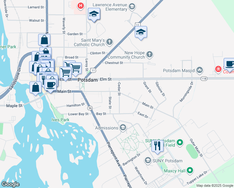 map of restaurants, bars, coffee shops, grocery stores, and more near 81 Main Street in Potsdam