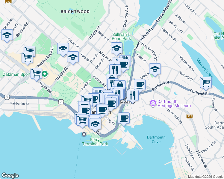map of restaurants, bars, coffee shops, grocery stores, and more near 108 Ochterloney Street in Dartmouth