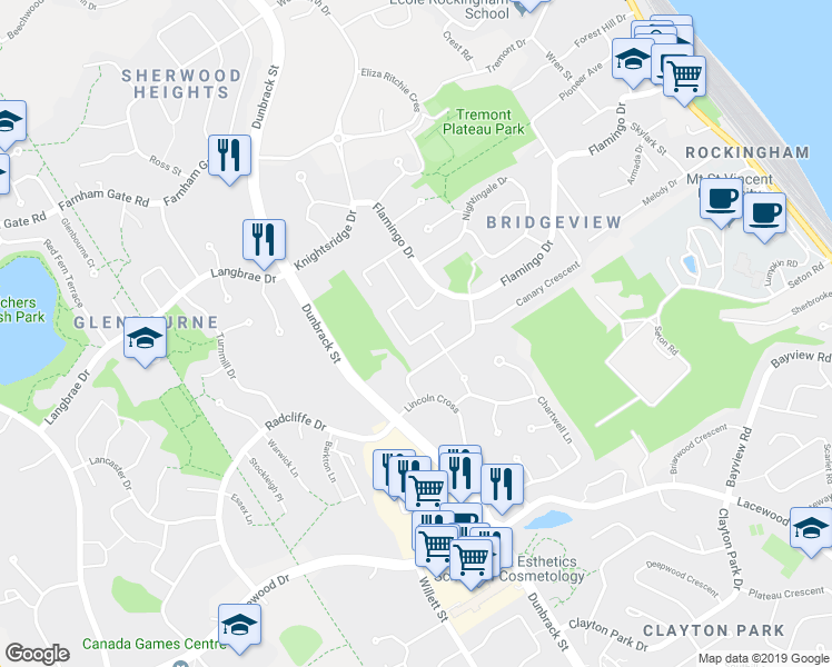 map of restaurants, bars, coffee shops, grocery stores, and more near 38 Swan Crescent in Halifax