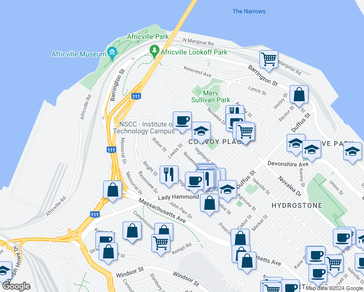 map of restaurants, bars, coffee shops, grocery stores, and more near 3707 Rosemeade Avenue in Halifax