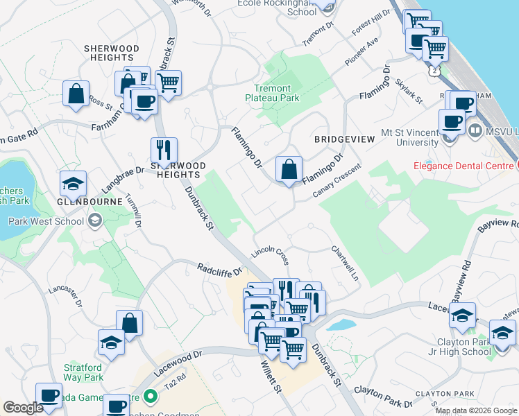 map of restaurants, bars, coffee shops, grocery stores, and more near 38 Swan Crescent in Halifax