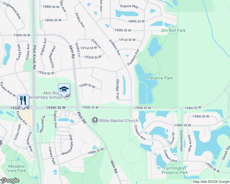 map of restaurants, bars, coffee shops, grocery stores, and more near 19423 Elkridge Trail in Farmington