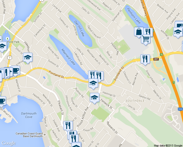 map of restaurants, bars, coffee shops, grocery stores, and more near 14 Lakefront Road in Dartmouth