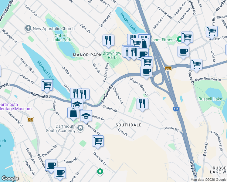 map of restaurants, bars, coffee shops, grocery stores, and more near 4 Chestnut Lane in Dartmouth
