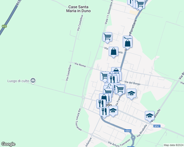 map of restaurants, bars, coffee shops, grocery stores, and more near 29 Via Marino Ortolani in Malalbergo