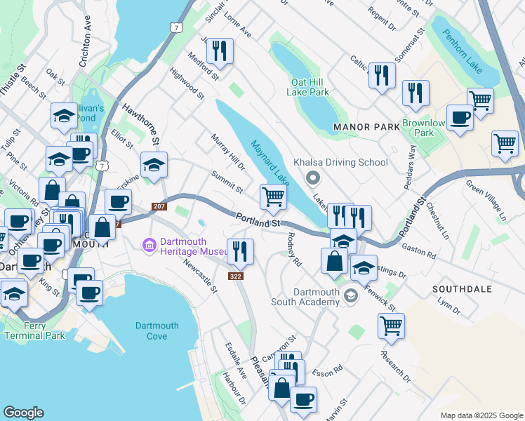 map of restaurants, bars, coffee shops, grocery stores, and more near 11 Maynard Street in Dartmouth
