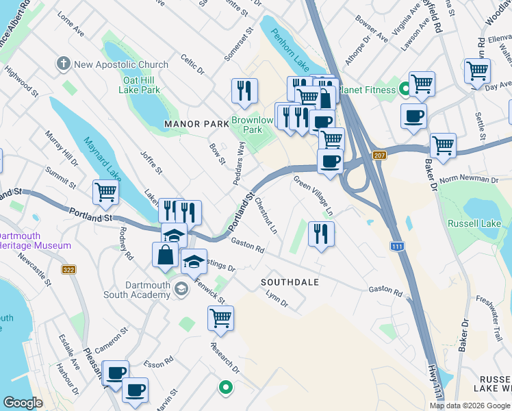 map of restaurants, bars, coffee shops, grocery stores, and more near 4 Chestnut Lane in Dartmouth