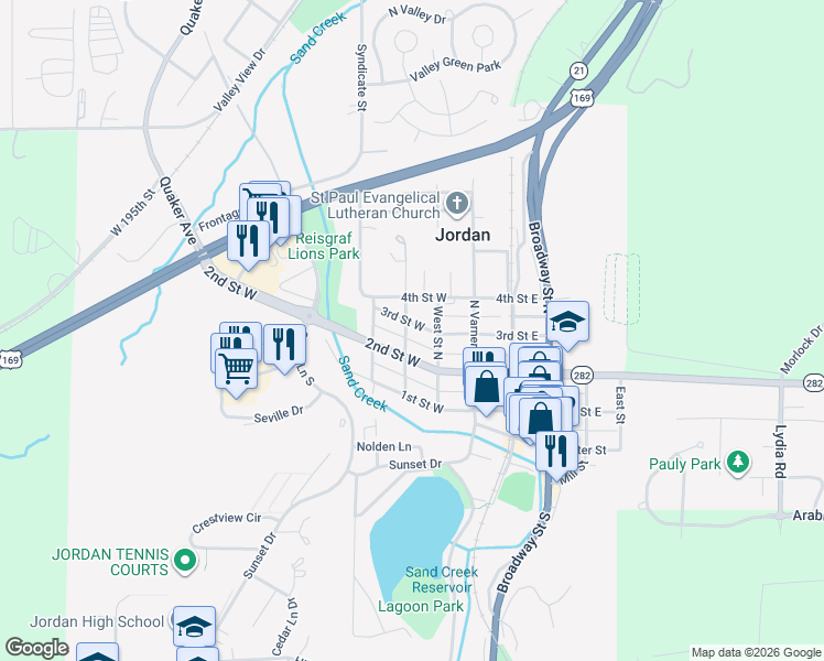 map of restaurants, bars, coffee shops, grocery stores, and more near 220 3rd Street West in Jordan