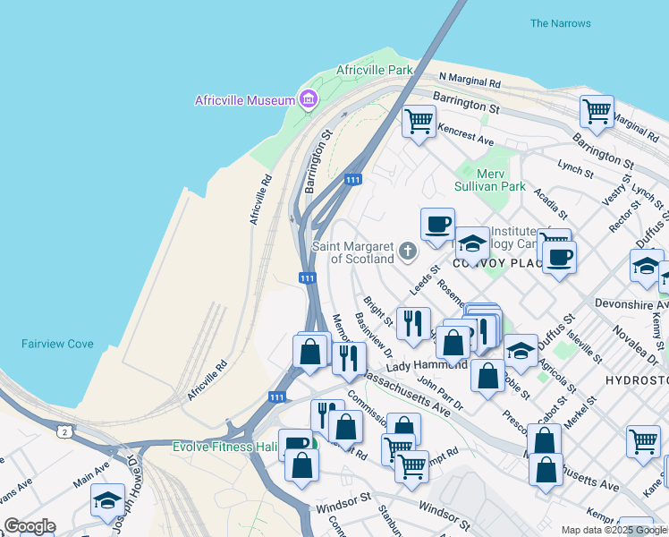 map of restaurants, bars, coffee shops, grocery stores, and more near 3849 Memorial Drive in Halifax
