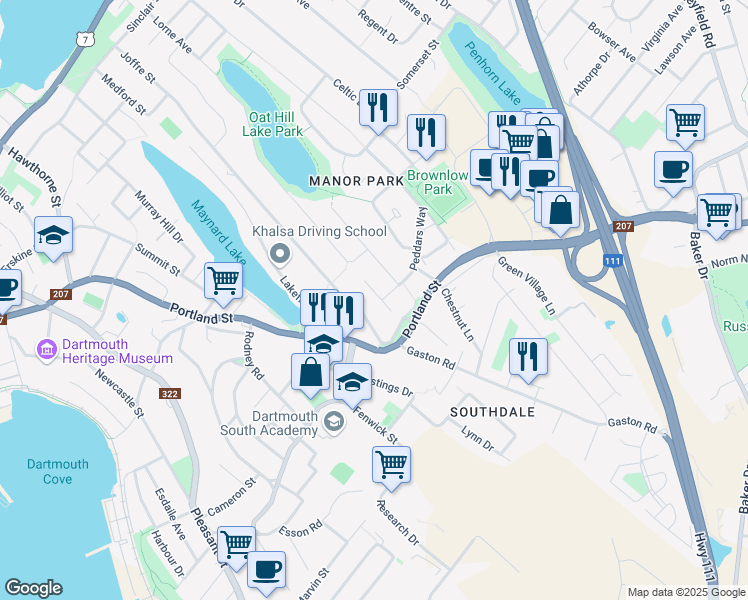 map of restaurants, bars, coffee shops, grocery stores, and more near 14 Foxgrove Lane in Dartmouth