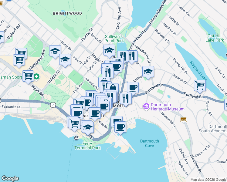 map of restaurants, bars, coffee shops, grocery stores, and more near Irishtown Road in Dartmouth