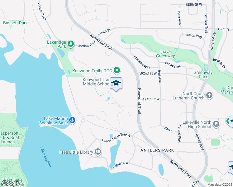 map of restaurants, bars, coffee shops, grocery stores, and more near 19455 Kenwood Trail in Lakeville