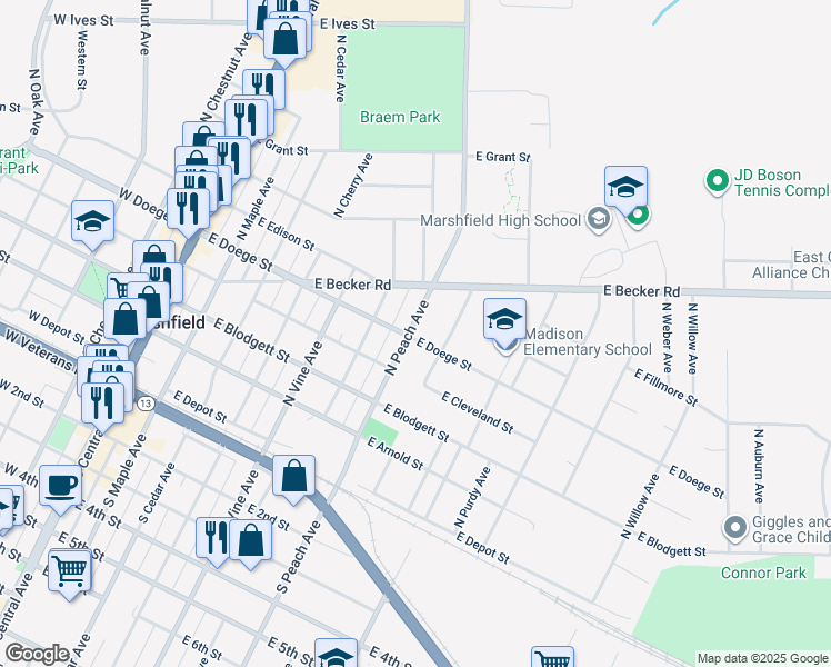 map of restaurants, bars, coffee shops, grocery stores, and more near 501 North Peach Avenue in Marshfield