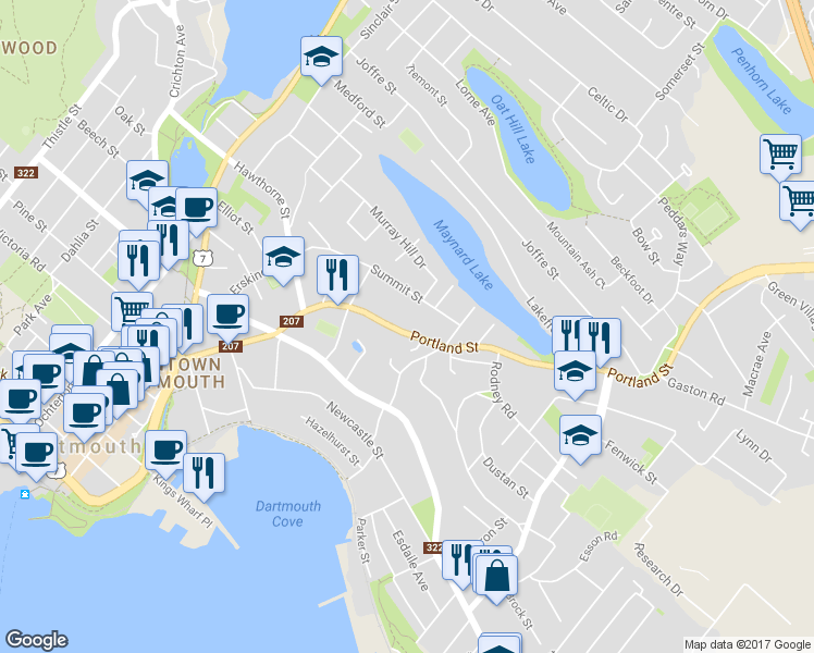 map of restaurants, bars, coffee shops, grocery stores, and more near 301 Portland Street in Dartmouth