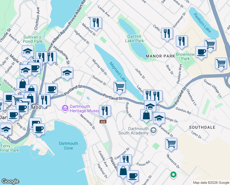 map of restaurants, bars, coffee shops, grocery stores, and more near 11 Maynard Street in Dartmouth