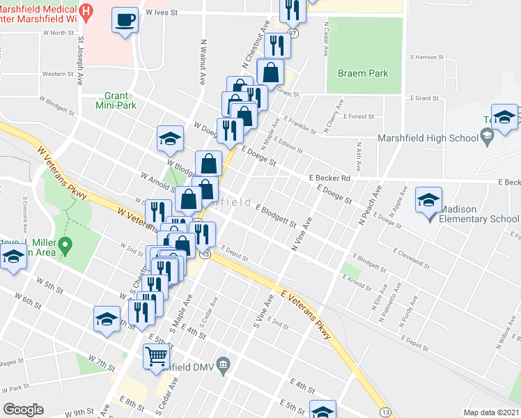 map of restaurants, bars, coffee shops, grocery stores, and more near E Blodgett St & N Cedar Ave in Marshfield