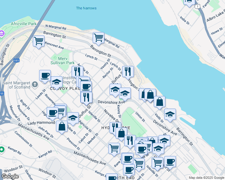 map of restaurants, bars, coffee shops, grocery stores, and more near 5360 Roome Street in Halifax