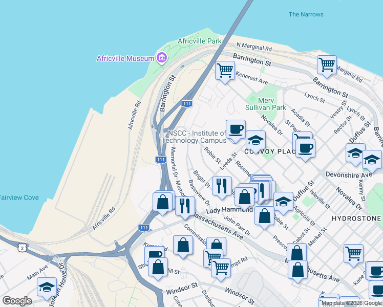 map of restaurants, bars, coffee shops, grocery stores, and more near 3821 Basinview Drive in Halifax