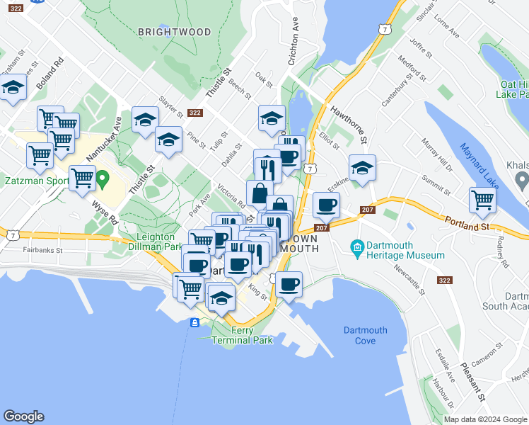 map of restaurants, bars, coffee shops, grocery stores, and more near 116 Ochterloney Street in Dartmouth