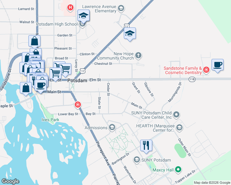 map of restaurants, bars, coffee shops, grocery stores, and more near 86 Main St in Potsdam