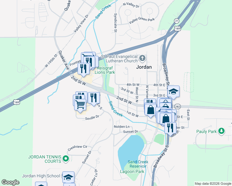 map of restaurants, bars, coffee shops, grocery stores, and more near 204 Mertens Street in Jordan