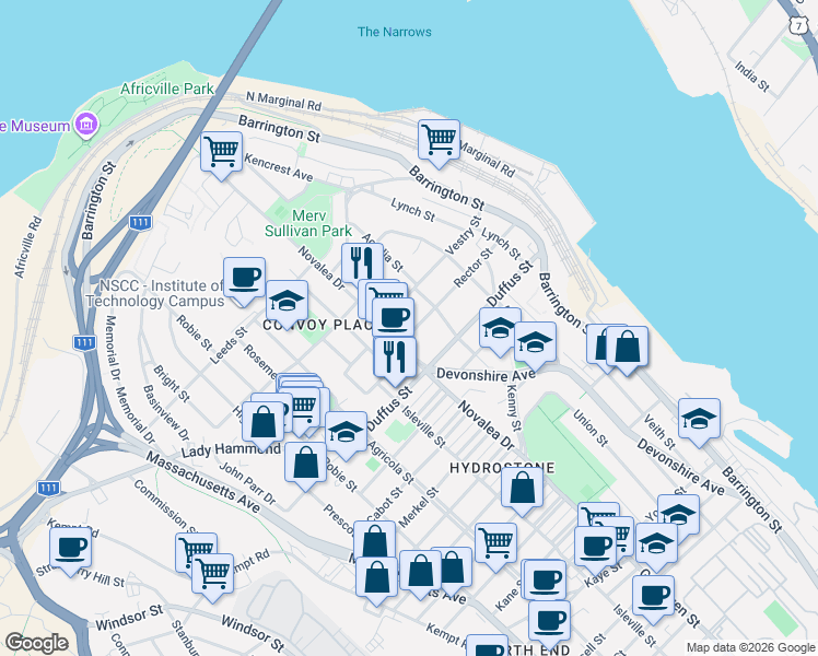 map of restaurants, bars, coffee shops, grocery stores, and more near 5447 Rector Street in Halifax