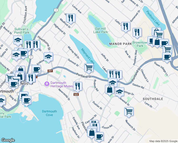 map of restaurants, bars, coffee shops, grocery stores, and more near 11 Brenton Street in Dartmouth