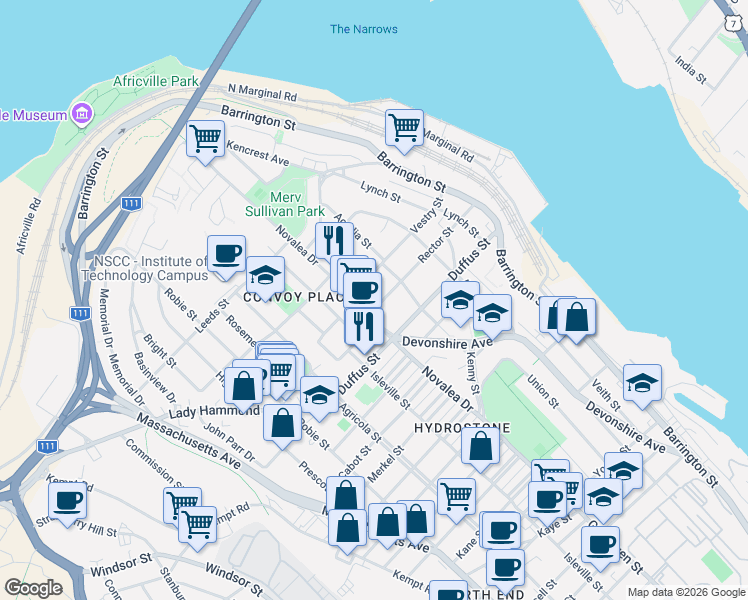 map of restaurants, bars, coffee shops, grocery stores, and more near 5447 Rector Street in Halifax