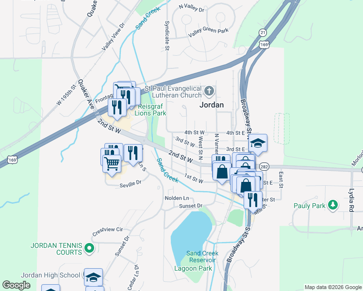 map of restaurants, bars, coffee shops, grocery stores, and more near 220 3rd Street West in Jordan
