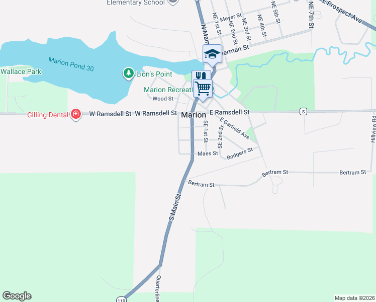 map of restaurants, bars, coffee shops, grocery stores, and more near 327 South Main Street in Marion