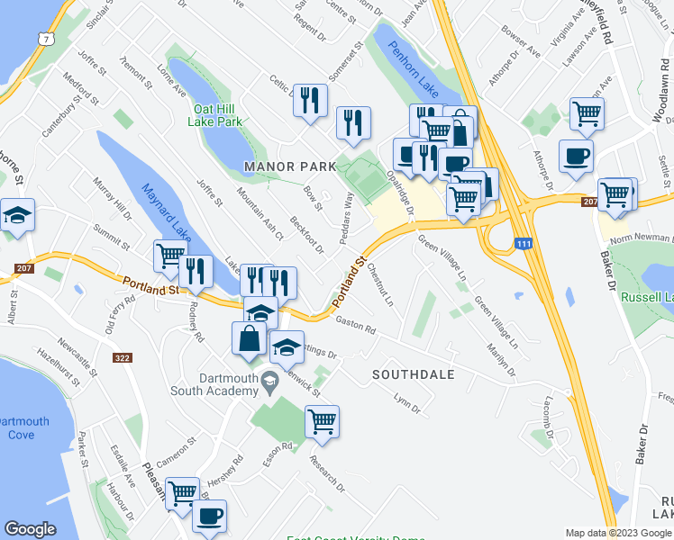 map of restaurants, bars, coffee shops, grocery stores, and more near 5 Royalvue Court in Dartmouth