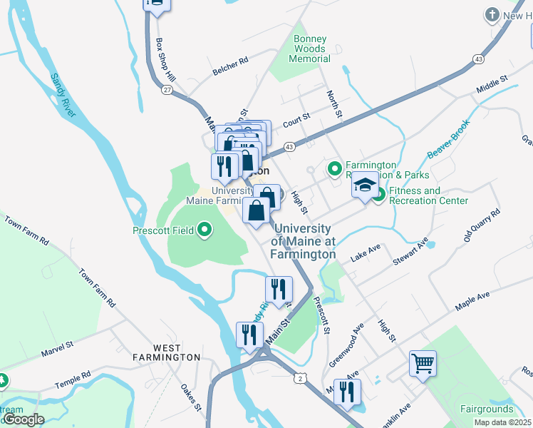 map of restaurants, bars, coffee shops, grocery stores, and more near 225 Main Street in Farmington