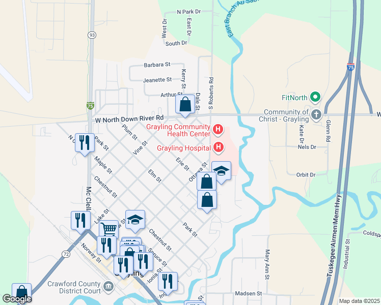 map of restaurants, bars, coffee shops, grocery stores, and more near 599 Rose St in Grayling