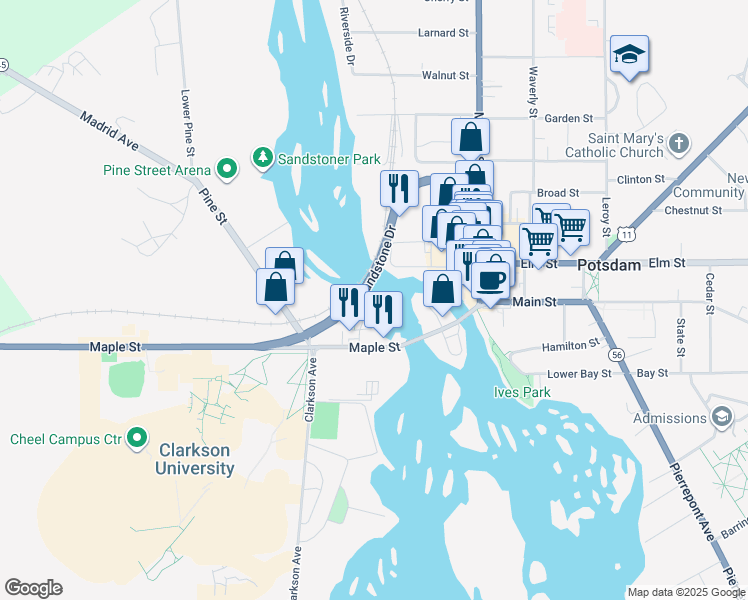 map of restaurants, bars, coffee shops, grocery stores, and more near 606 Swan Street in Potsdam
