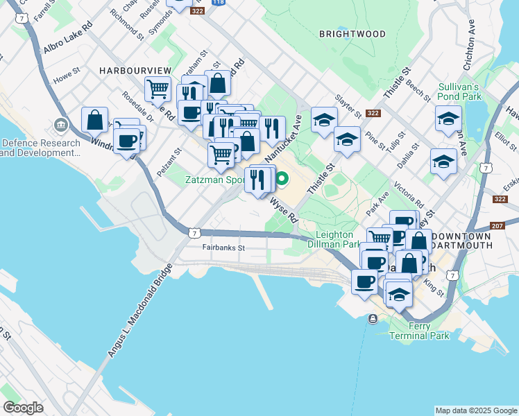 map of restaurants, bars, coffee shops, grocery stores, and more near 101 Wyse Road in Dartmouth