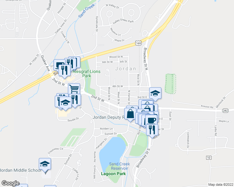 map of restaurants, bars, coffee shops, grocery stores, and more near 201 3rd Street West in Jordan