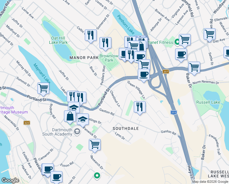 map of restaurants, bars, coffee shops, grocery stores, and more near 3 Chestnut Lane in Dartmouth