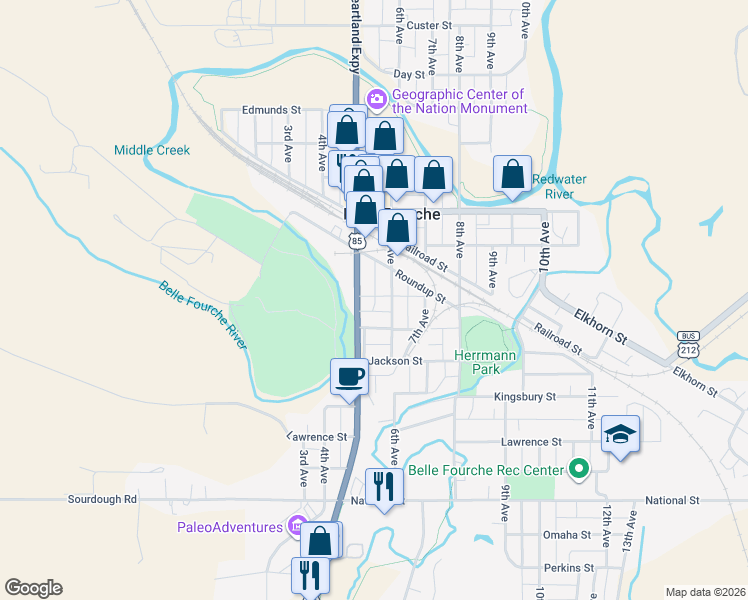 map of restaurants, bars, coffee shops, grocery stores, and more near 839 5th Avenue in Belle Fourche