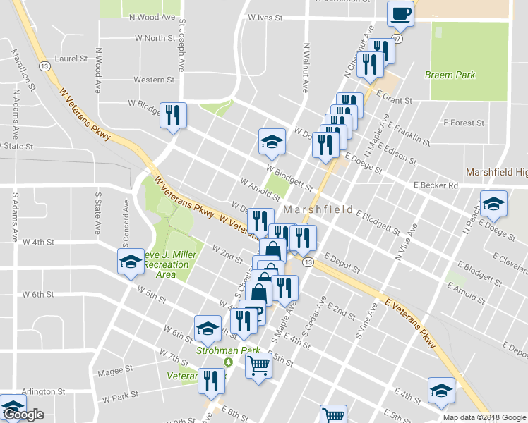 map of restaurants, bars, coffee shops, grocery stores, and more near 207 West Depot Street in Marshfield