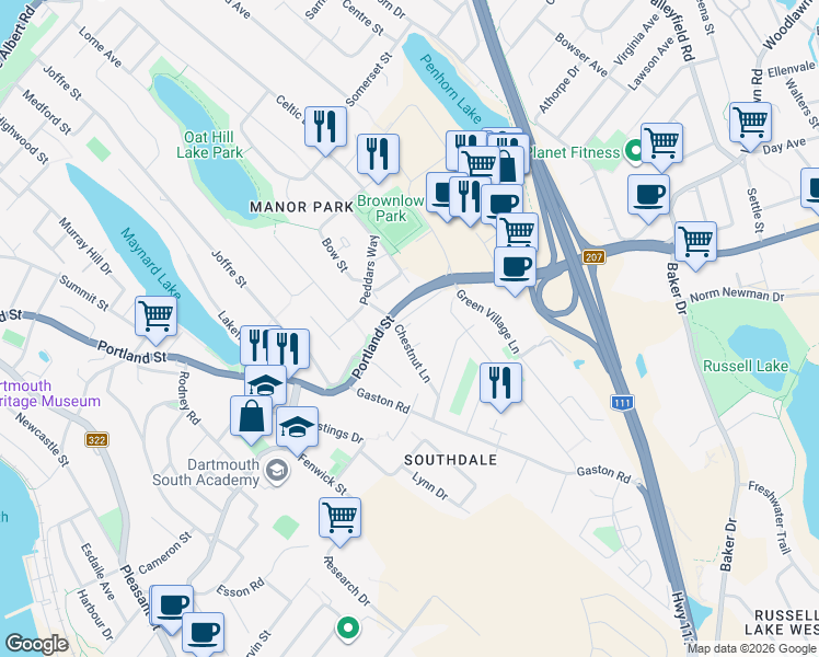 map of restaurants, bars, coffee shops, grocery stores, and more near 3 Chestnut Lane in Dartmouth