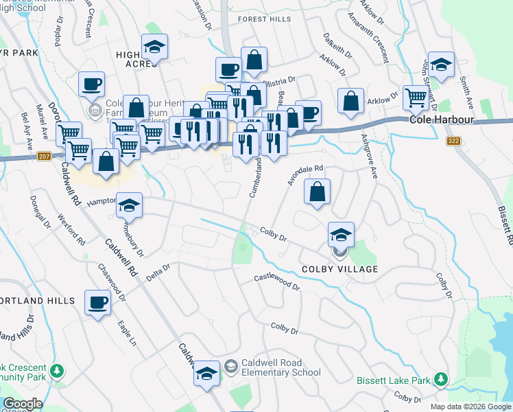 map of restaurants, bars, coffee shops, grocery stores, and more near 64 Cumberland Drive in Dartmouth