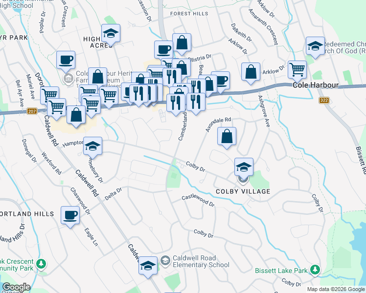map of restaurants, bars, coffee shops, grocery stores, and more near 64 Cumberland Drive in Dartmouth