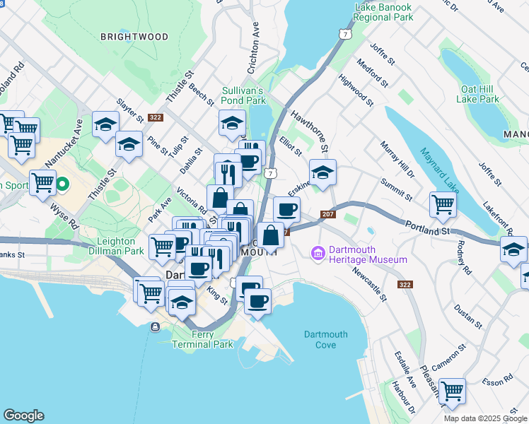 map of restaurants, bars, coffee shops, grocery stores, and more near 37 Prince Albert Road in Dartmouth