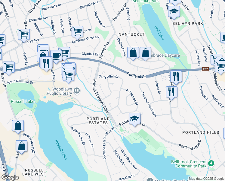 map of restaurants, bars, coffee shops, grocery stores, and more near 40 Barry Allen Drive in Dartmouth
