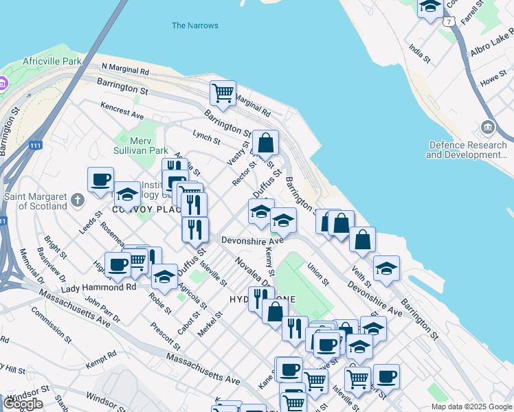 map of restaurants, bars, coffee shops, grocery stores, and more near 3480 Dartmouth Avenue in Halifax