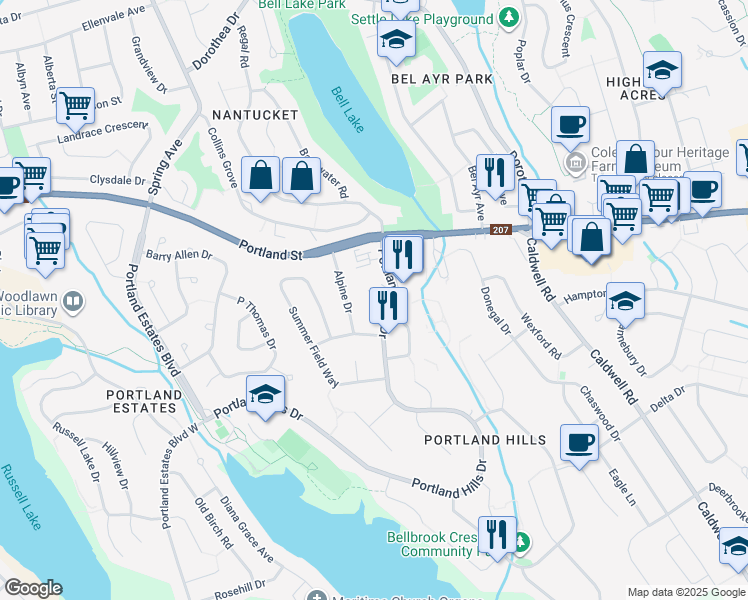 map of restaurants, bars, coffee shops, grocery stores, and more near 16 Hillspire Grove in Dartmouth