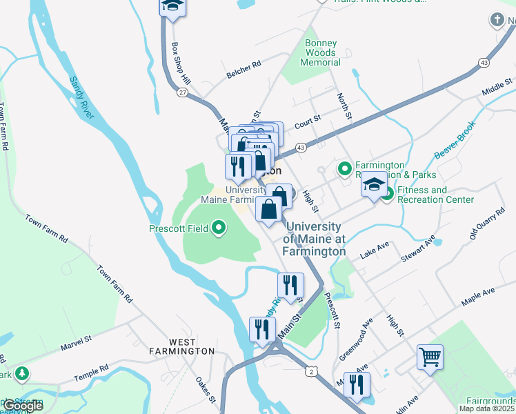map of restaurants, bars, coffee shops, grocery stores, and more near 225 Main Street in Farmington