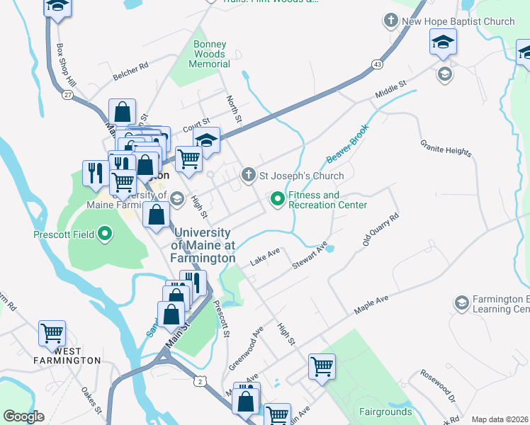 map of restaurants, bars, coffee shops, grocery stores, and more near 113 Quebec Street in Farmington