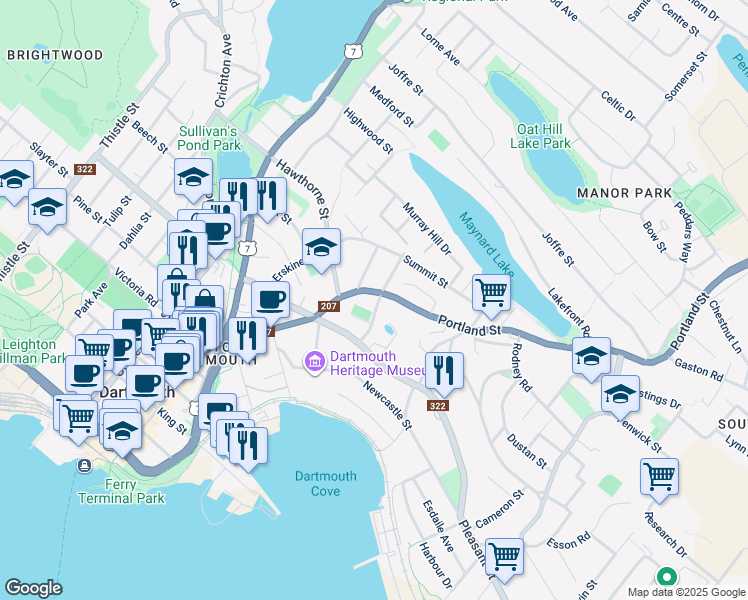map of restaurants, bars, coffee shops, grocery stores, and more near 282 Portland Street in Dartmouth